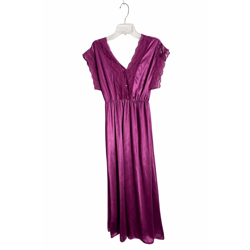 Vtg sheer Nightgown L Purple Satin Lace V Neck Short Sleeve Gown Chemise